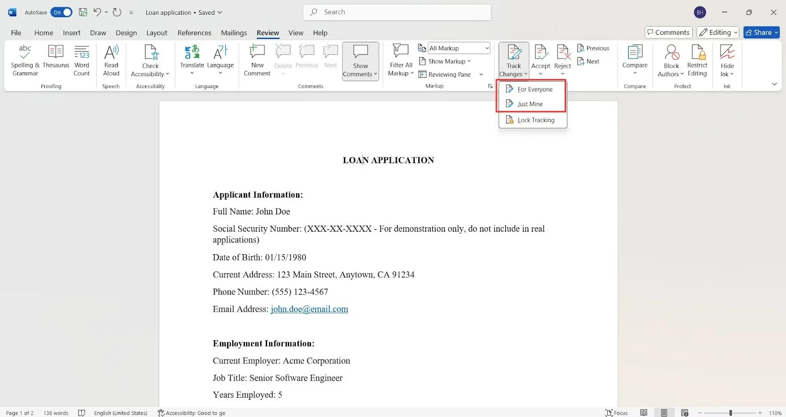 ติดตามการเปลี่ยนแปลงสำหรับทุกคนหรือสำหรับตัวเองใน Word
