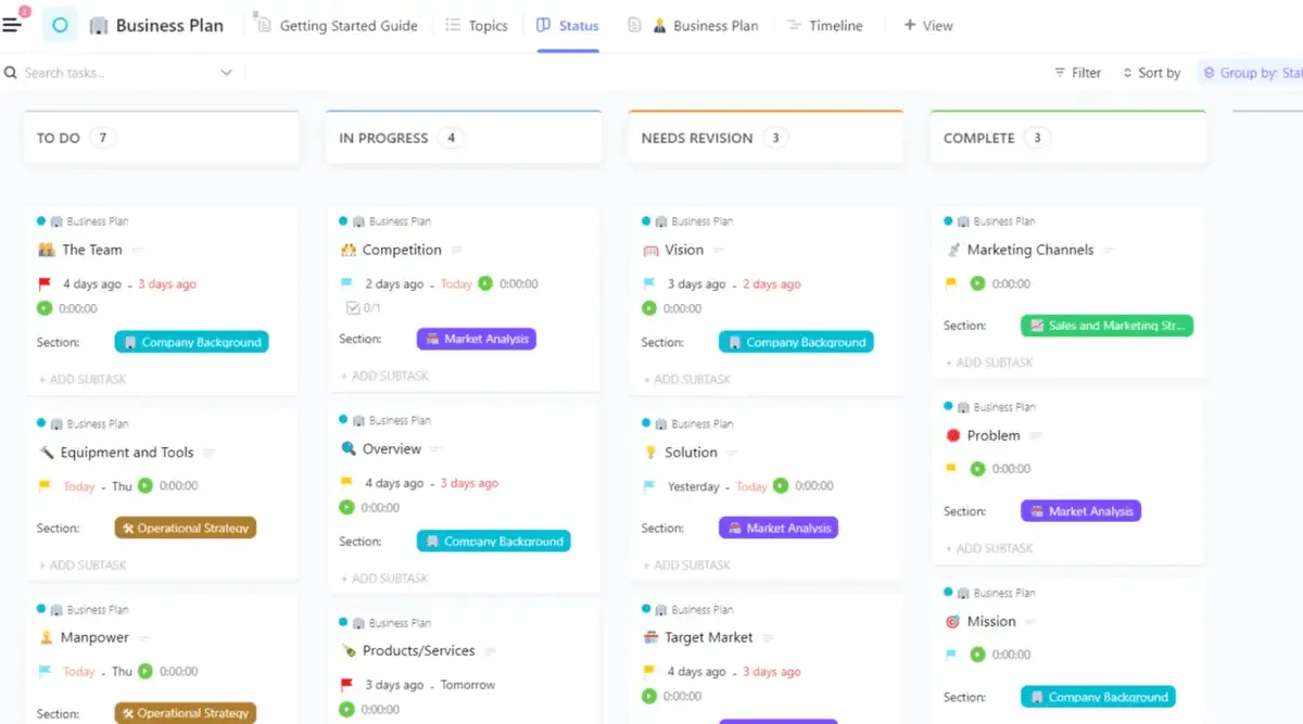 Utilice la plantilla del plan Business de ClickUp para identificar los factores que impulsan la rotación de personal y diseñar estrategias para aumentar los niveles de satisfacción.