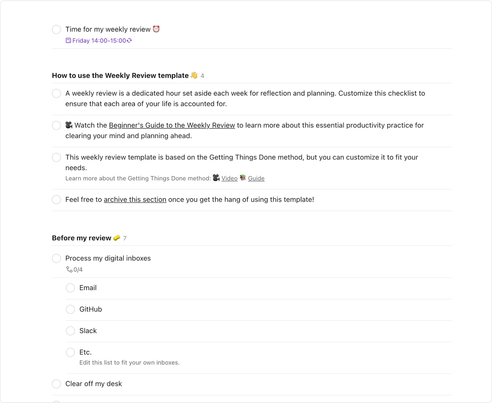 แม่แบบการทบทวนประจำสัปดาห์: แม่แบบจาก todoist