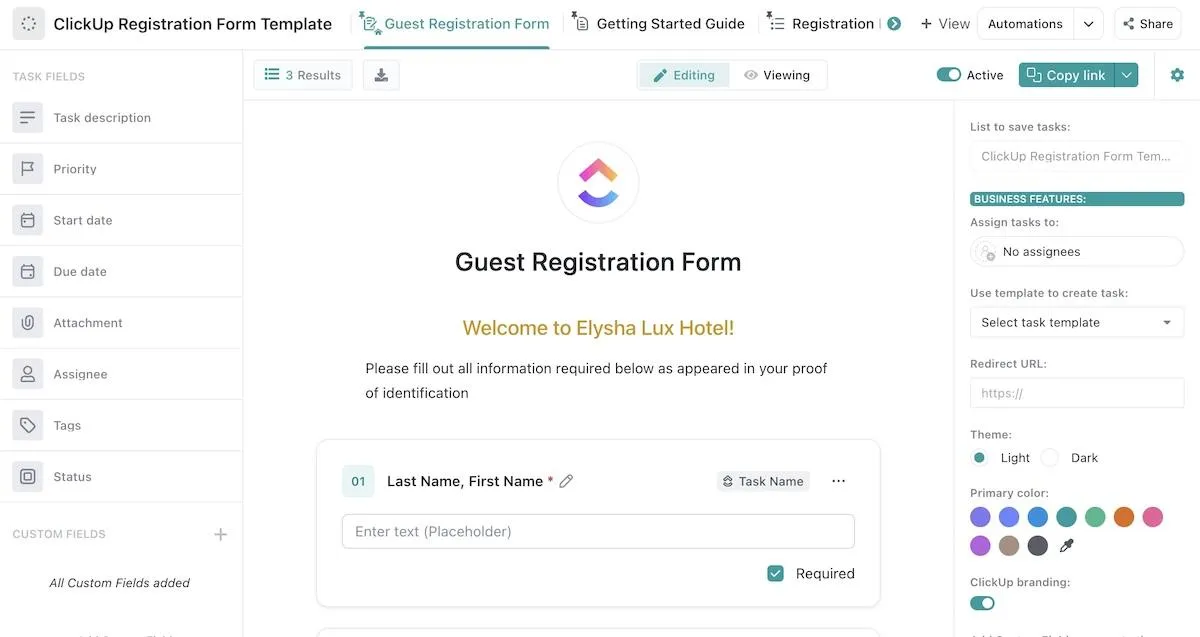 Modelo de formulário de registro do ClickUp