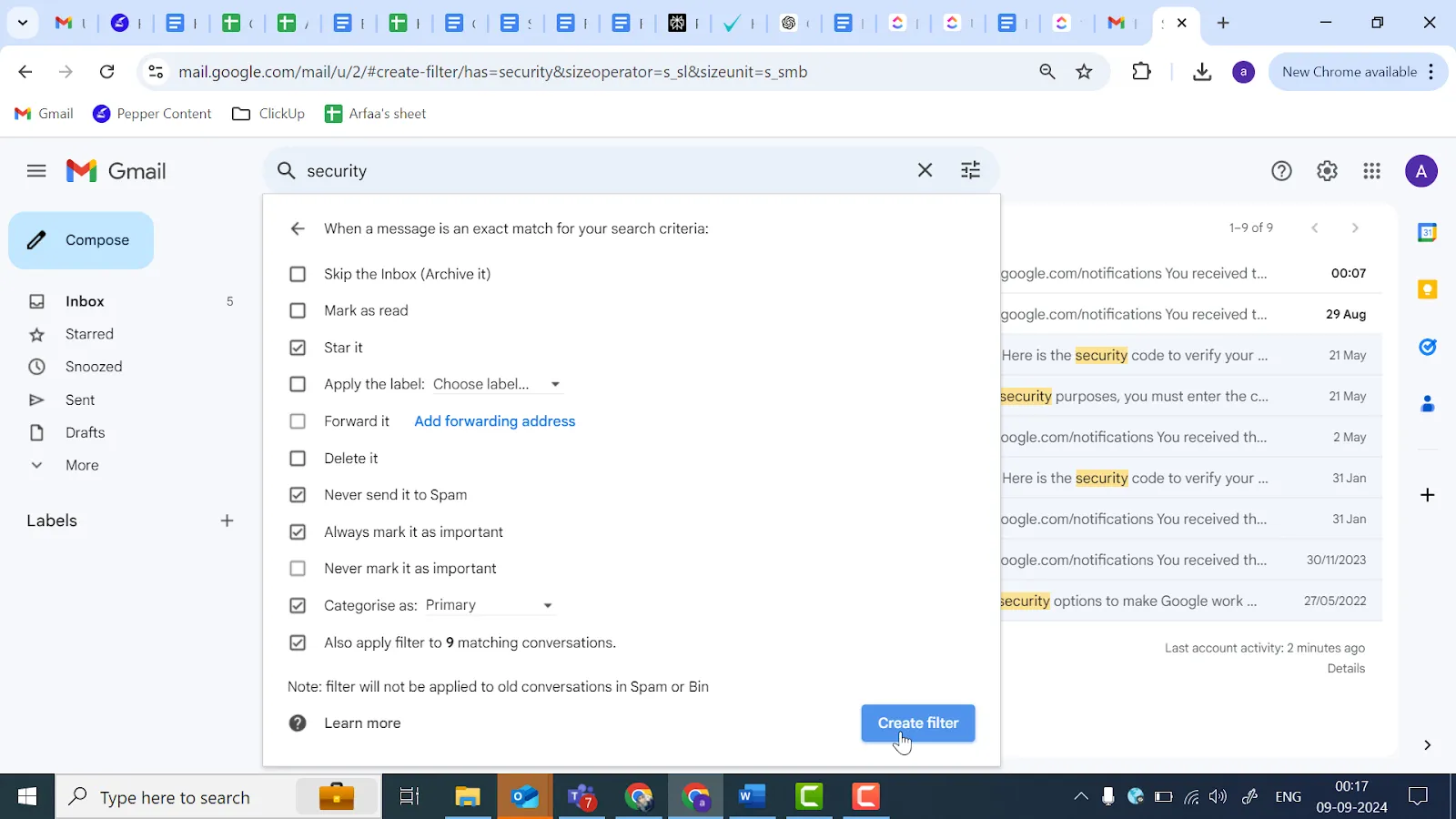 Crea un botón de filtro para crear reglas de Gmail.