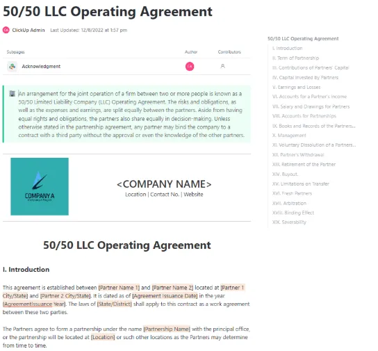 เทมเพลตข้อตกลงการดำเนินงานของบริษัท ClickUp 50/50 LLC; เทมเพลตข้อตกลงผู้ก่อตั้ง