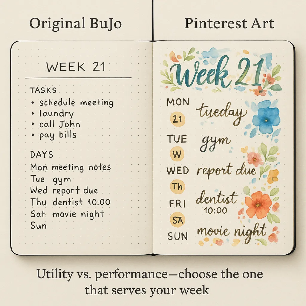 Confronto tra una pagina decorativa di bullet journal ispirata a Pinterest e un layout minimalista originale di bullet journal, generato da ClickUp Brain.