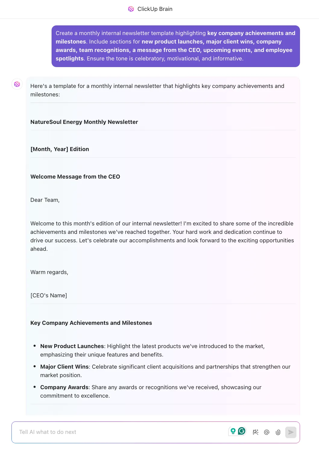 Utilisez ClickUp Brain pour trouver des idées de newsletter, générer des modèles et même rédiger une newsletter complète à partir de simples invitations ou instructions.