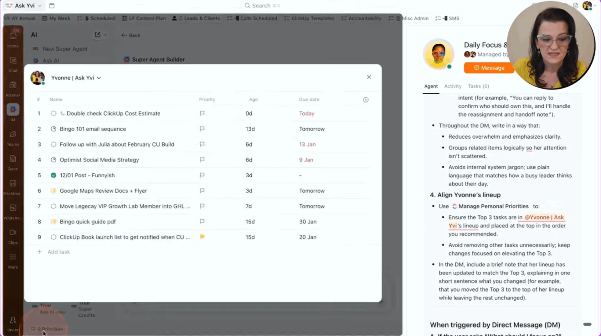 Priorización de tareas con IA: uso de un superagente de enfoque diario de ClickUp para añadir prioridades.