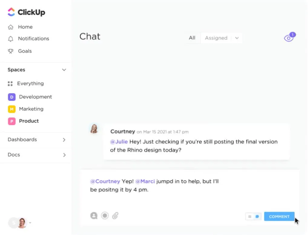 Colabora con tu impulsor del cambio en tiempo real con ClickUp Chat.