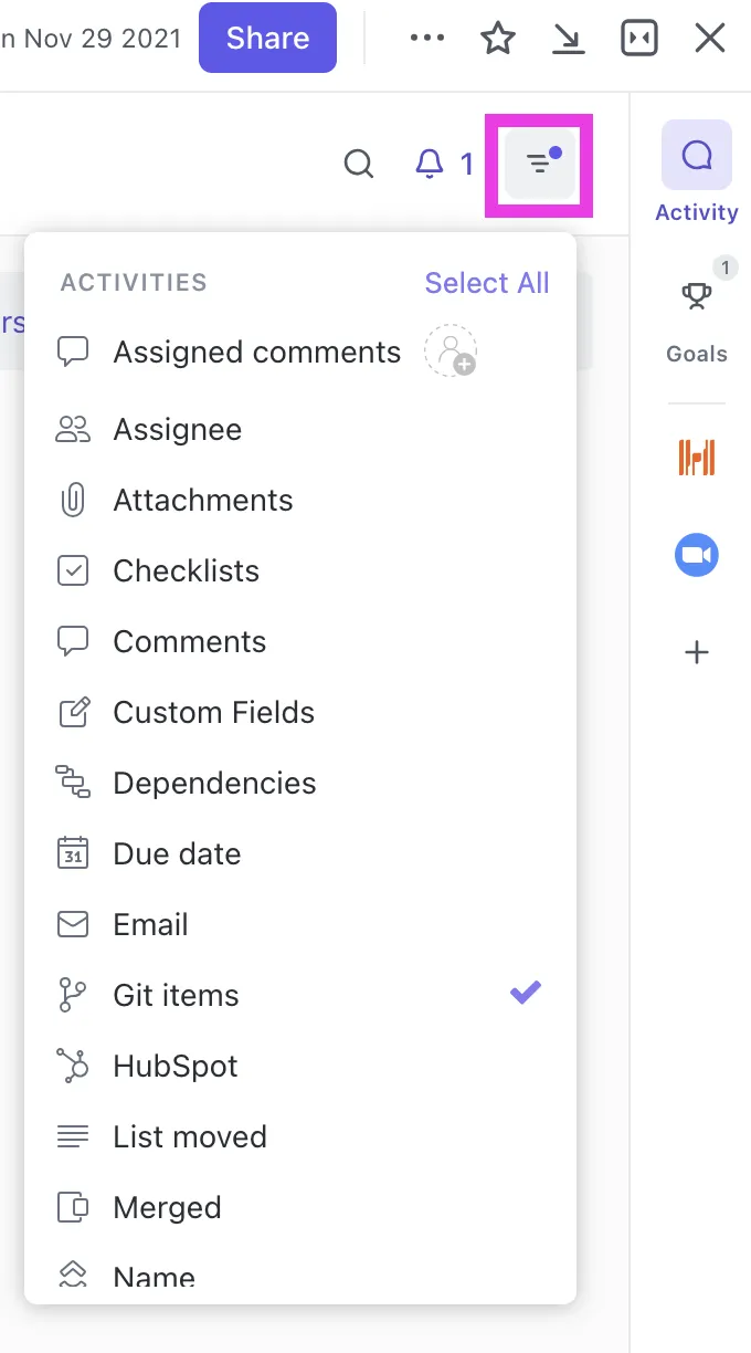 Sehen Sie sich Git-Elemente im Aktivitäts-Feed von ClickUp an: Wie Entwickler Pull Requests über verteilte Teams hinweg verwalten können.