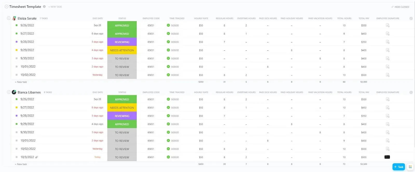 Bérszámfejtési naptár sablonok: ClickUp Services Timesheet Template