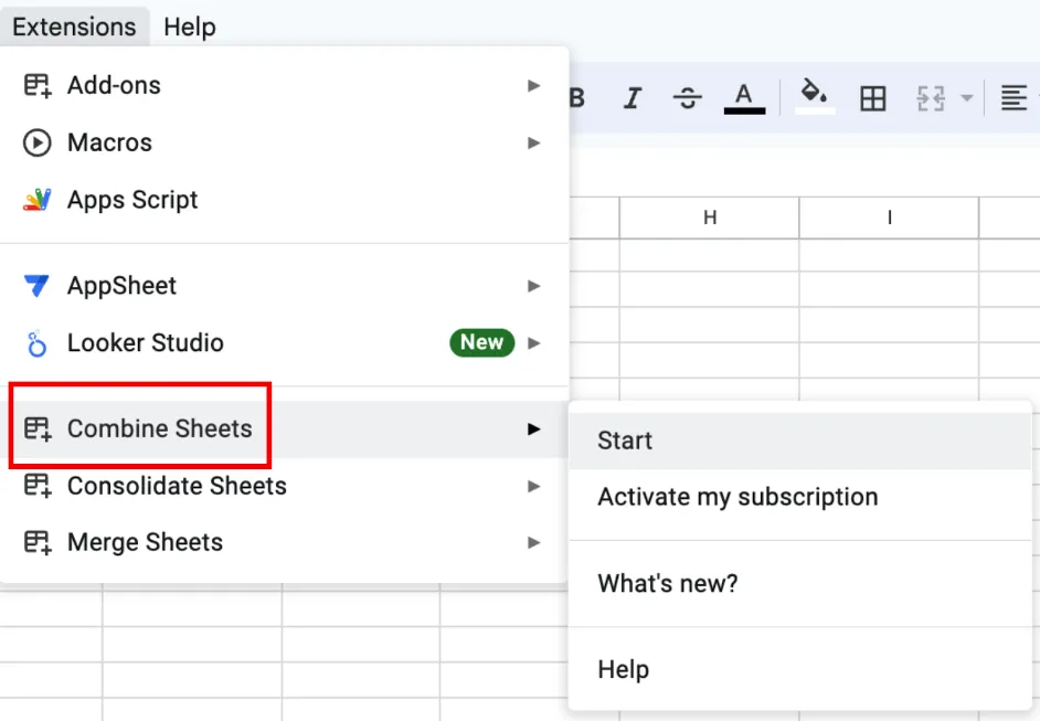 tab 'Extensions' di Google Sheets