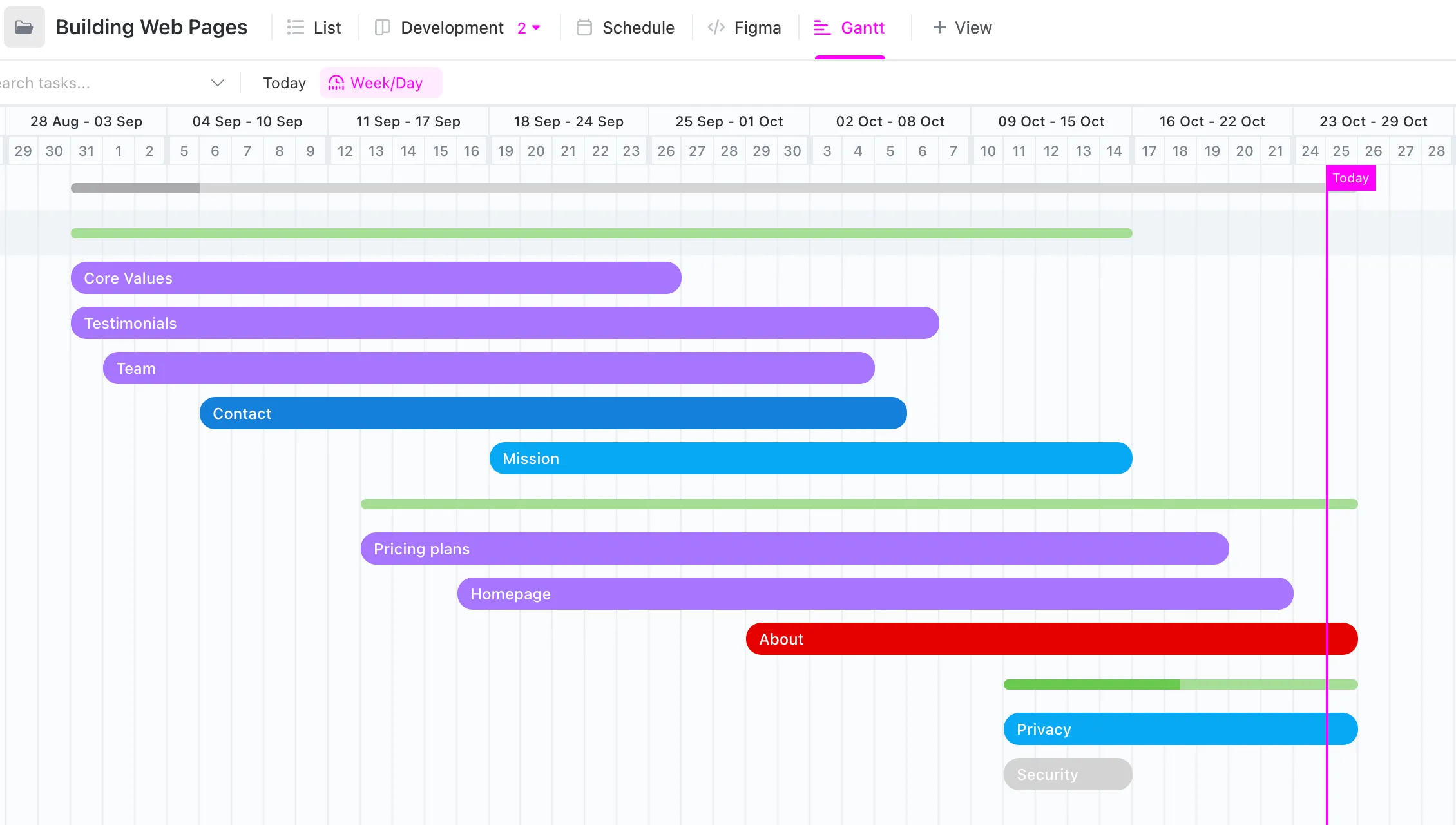 O modelo de diagrama de Gantt para criação de páginas da Web facilita o gerenciamento de projetos de desenvolvimento de sites e aplicativos.