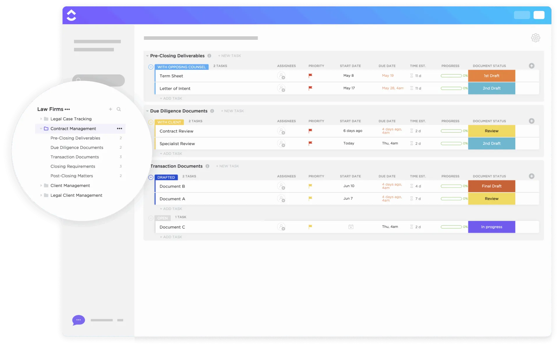 Modèle de gestion des contrats ClickUp