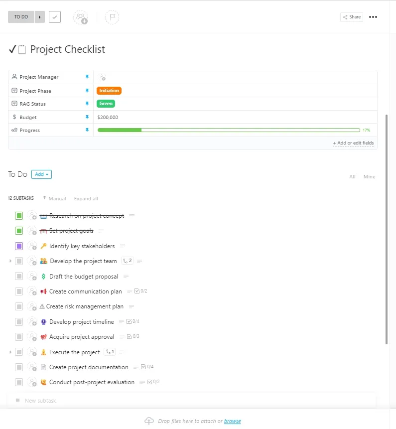 Mẫu danh sách kiểm tra dự án ClickUp
