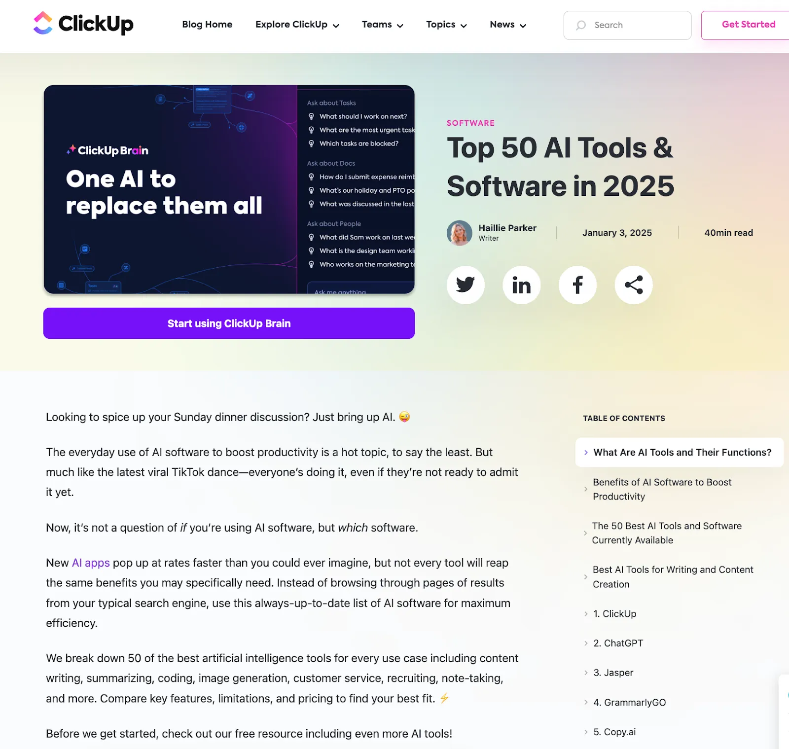 ClickUp の AI ツールおよびソフトウェアトップ 50 リスト記事