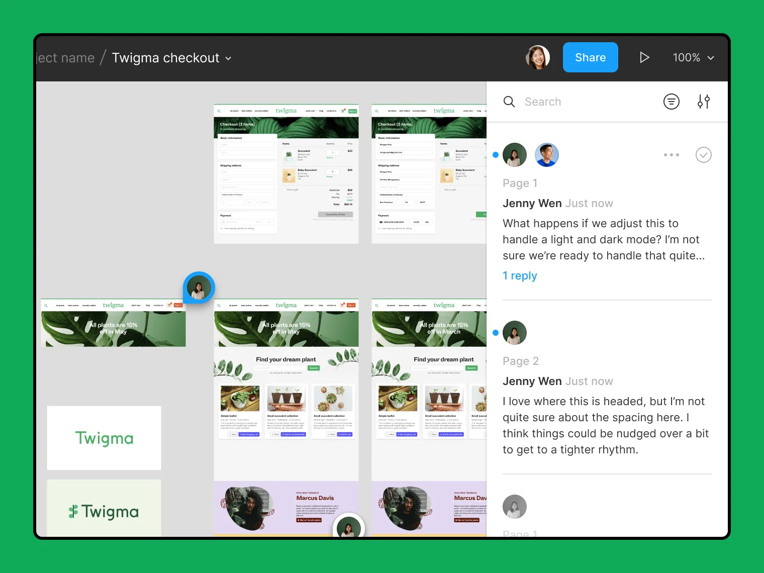 Ejemplos de herramientas de colaboración y diseño creativo de Figma.