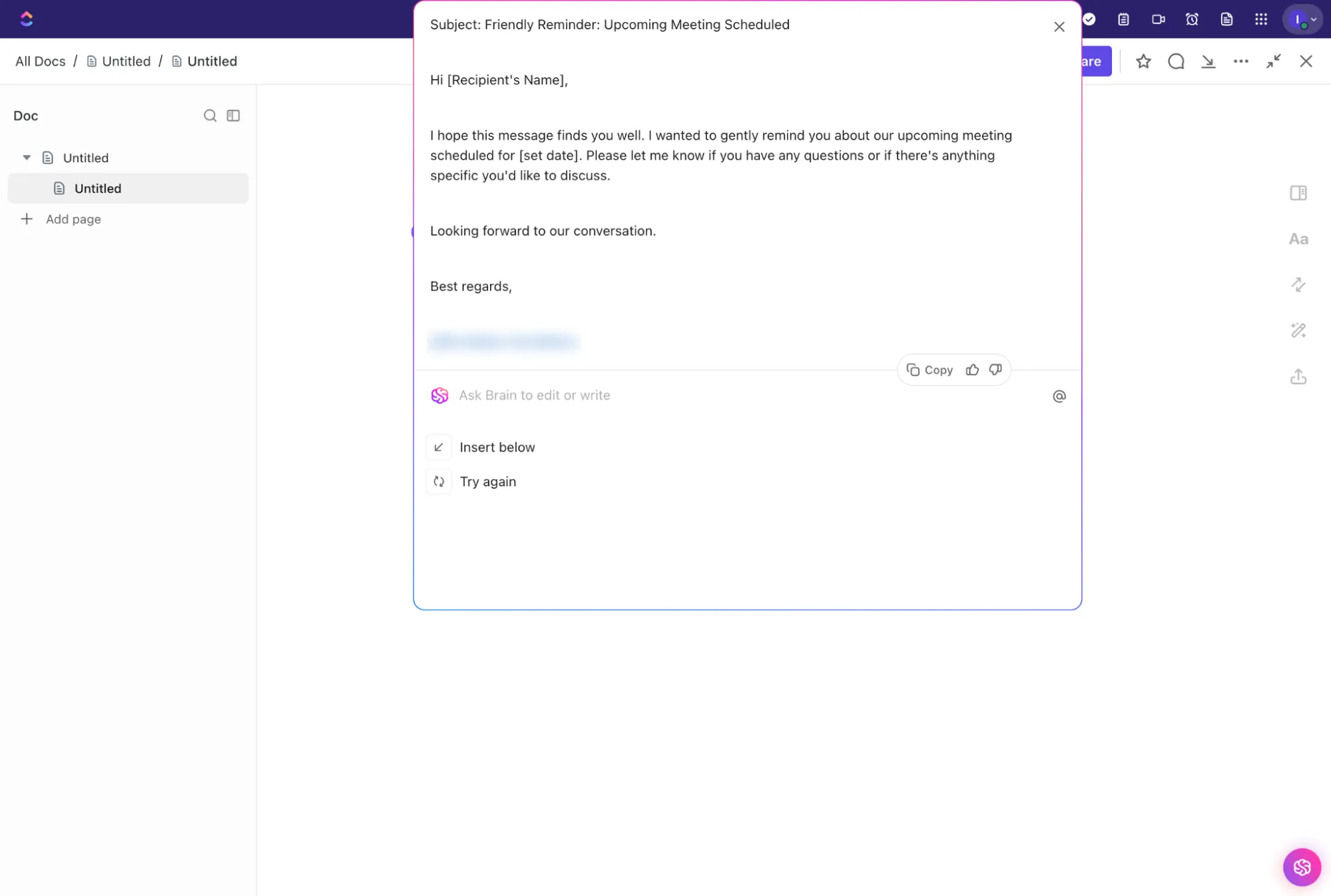 Utilisez ClickUp Brain pour rédiger des e-mails de rappel et bien plus encore : exemples d'e-mails de rappel