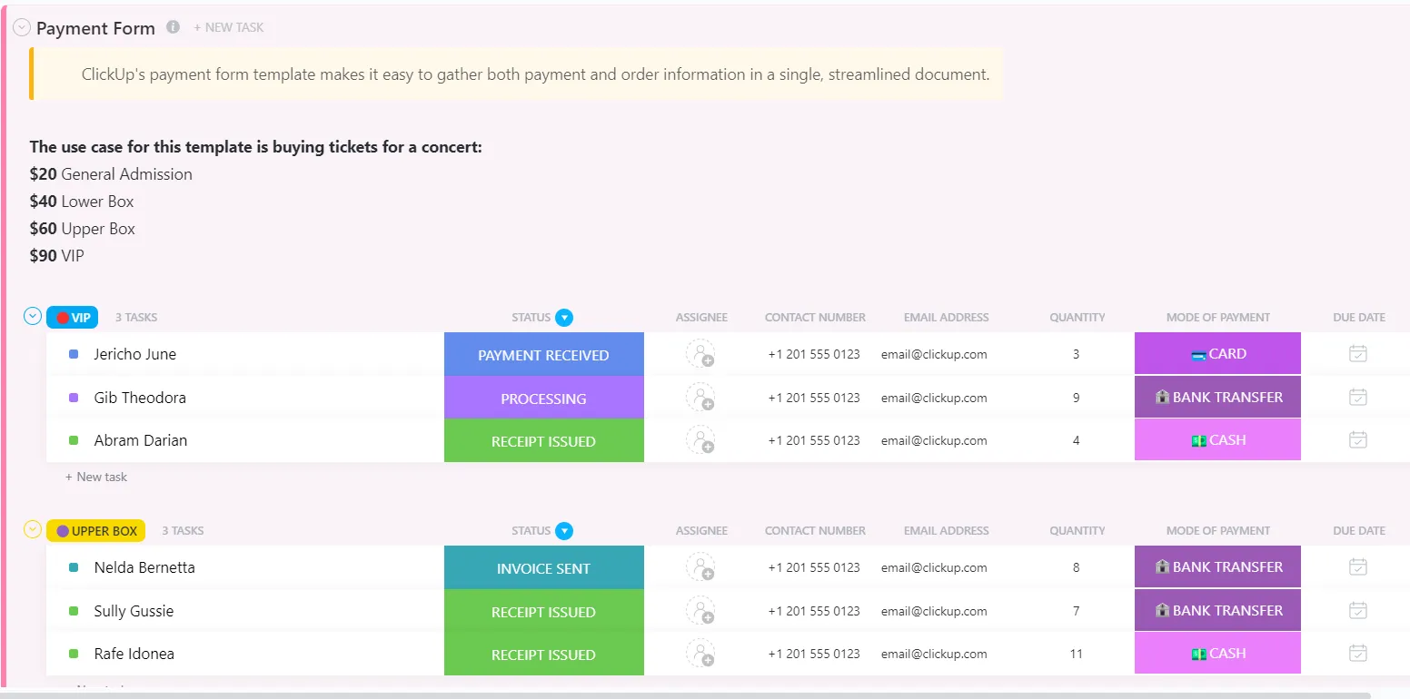 Plantilla de formulario de pago de ClickUp
