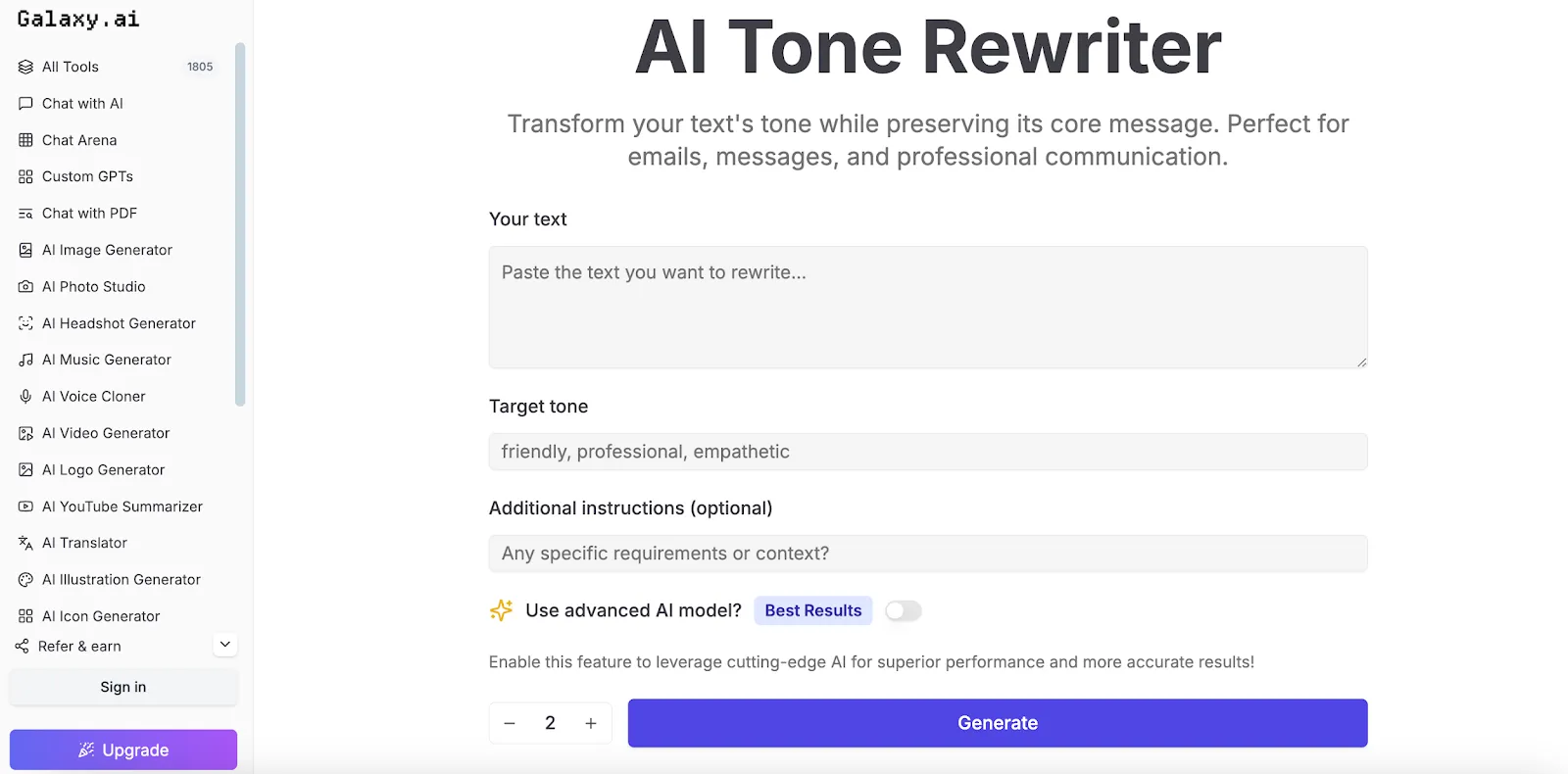 Galaxy.AI reescritor de tom com IA