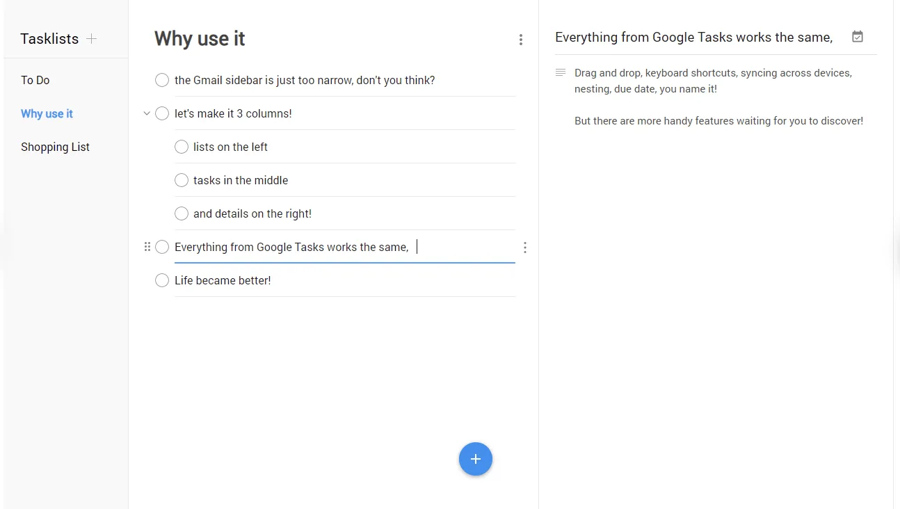 Aplicación minimalista de listas de tareas pendientes: Google Tasks