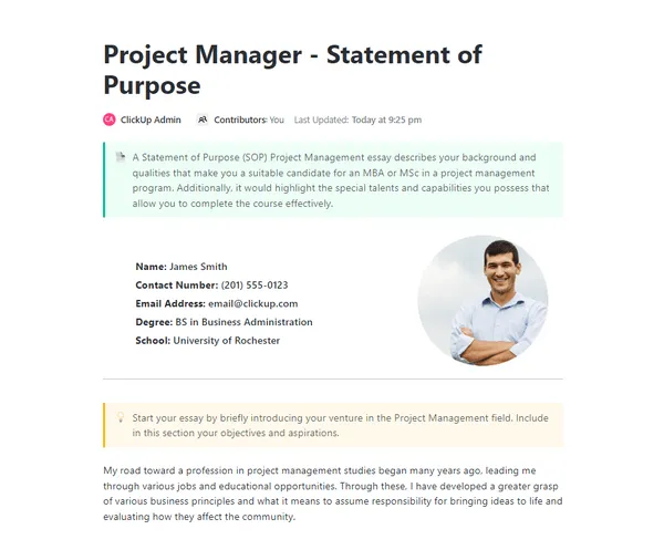 ClickUp-Vorlage für das Statement des Projektmanagers im Bereich des Projektmanagements