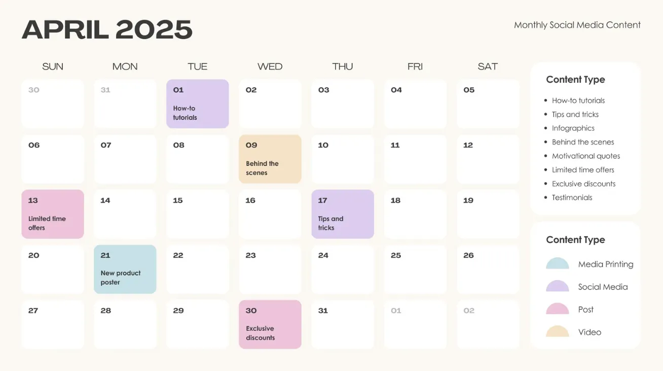 Template Kalender Media Sosial Bulanan Minimalis Berwarna-warni