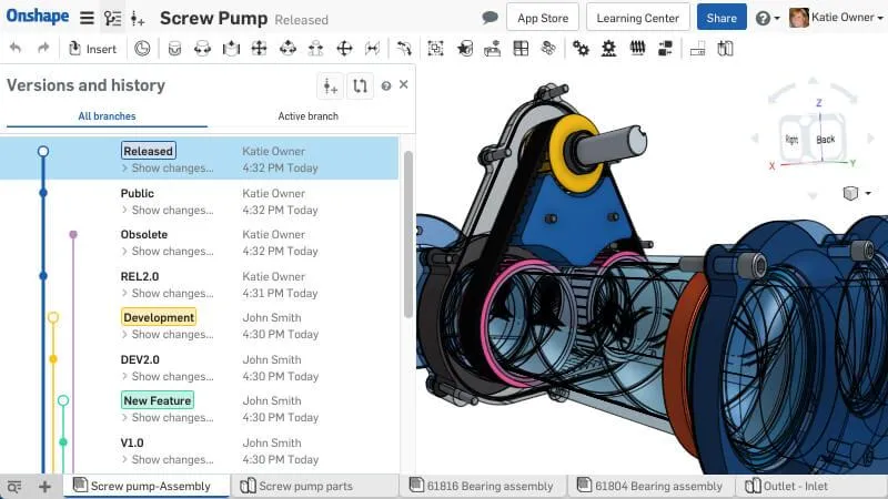 Ferramentas de design de produtos: captura de tela do recurso Versões e histórico do Onshape
