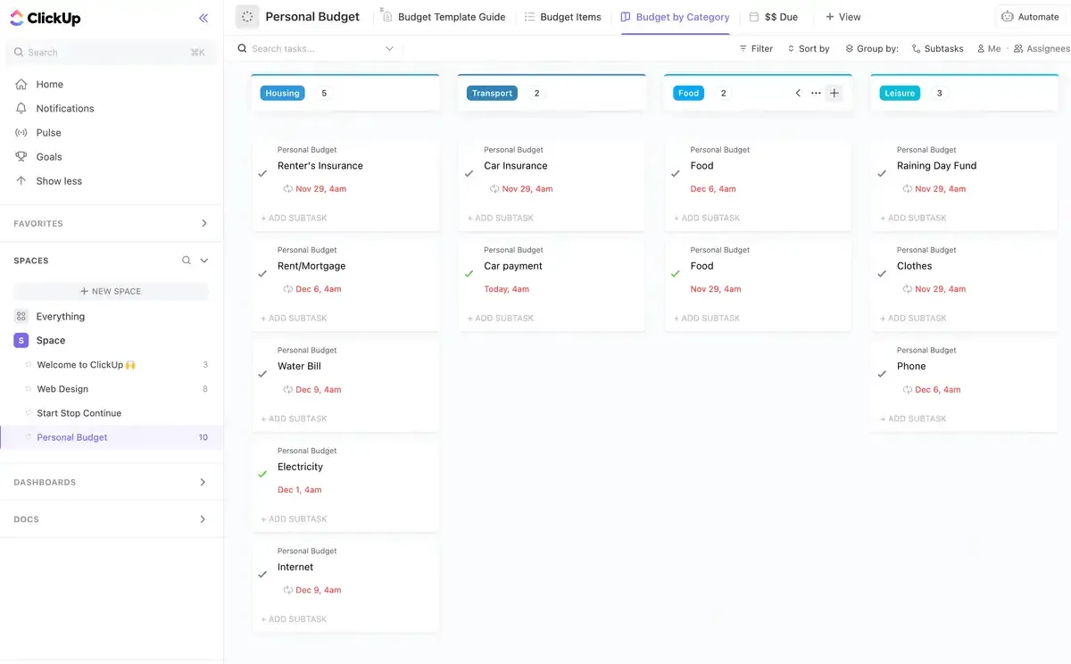 Gestisci le tue finanze personali in modo semplice con il modello di budget personale di ClickUp.