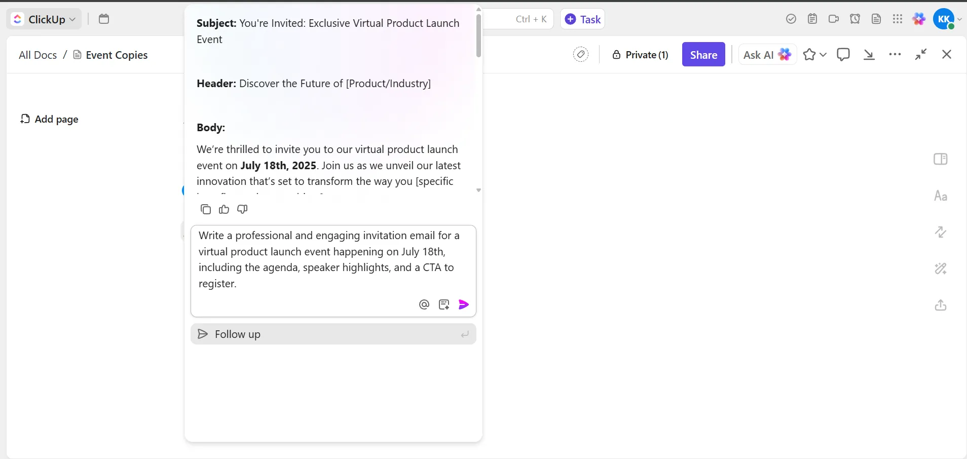 ClickUp AI Writer로 매력적인 이벤트 마케팅 텍스트를 작성하세요