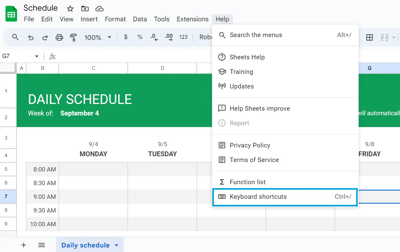 คีย์ลัดใน Google Sheets