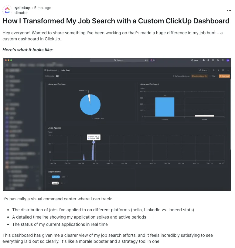 Usar ClickUp para buscar trabajo a través de Reddit