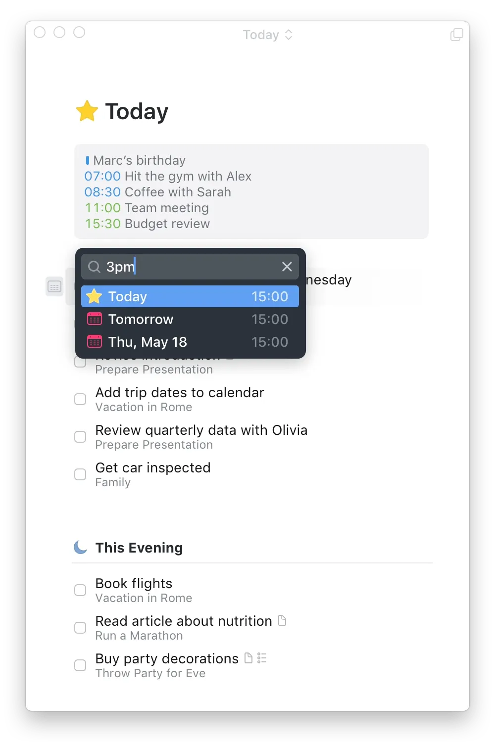 TickTick vs Things 3: función de recordatorios puntuales en Things 3