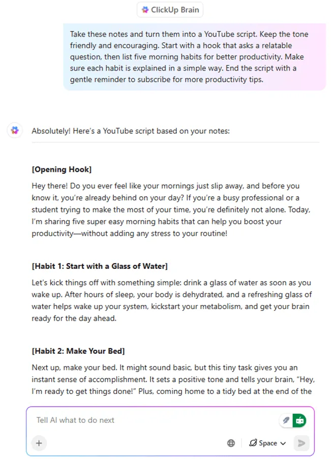 Mantenha seu roteiro, sua lista de tarefas e sua linha do tempo de edição todos conectados com o ClickUp Brain