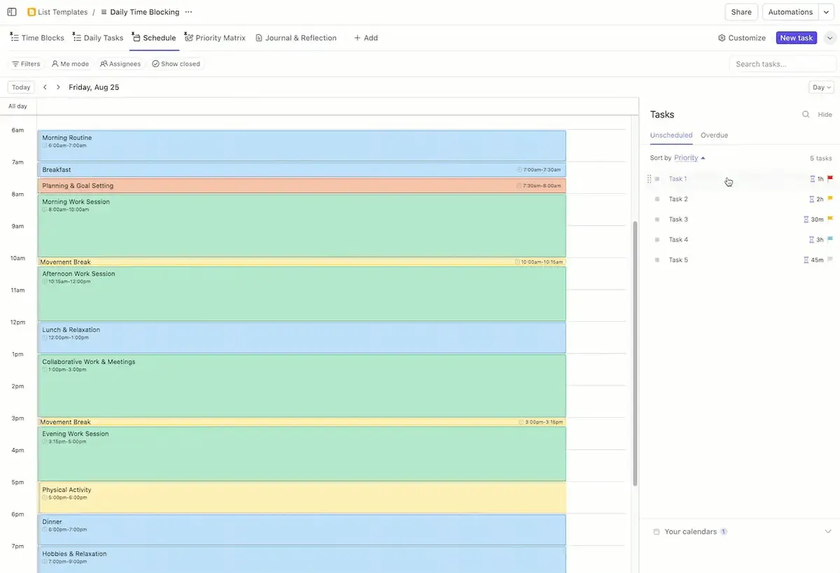 Łatwo twórz bloki czasowe oznaczone kolorami dzięki szablonowi blokowania czasu ClickUp