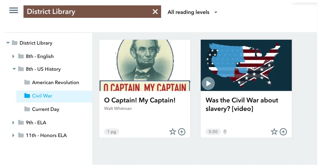 Organizando materiais de leitura de história no Actively Learn