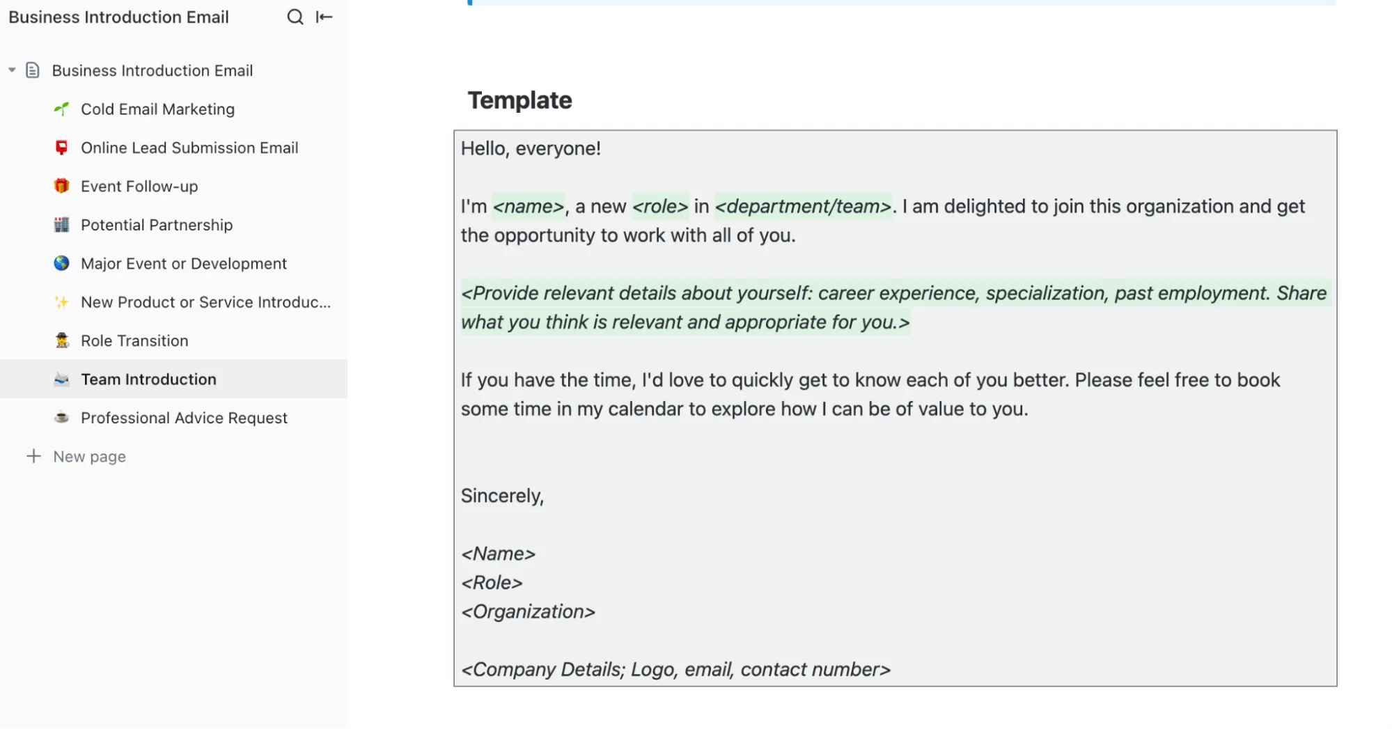 Modèle d'e-mail de présentation de l'équipe ClickUp
