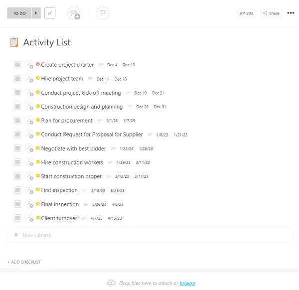 Modèle de liste d'activités ClickUp