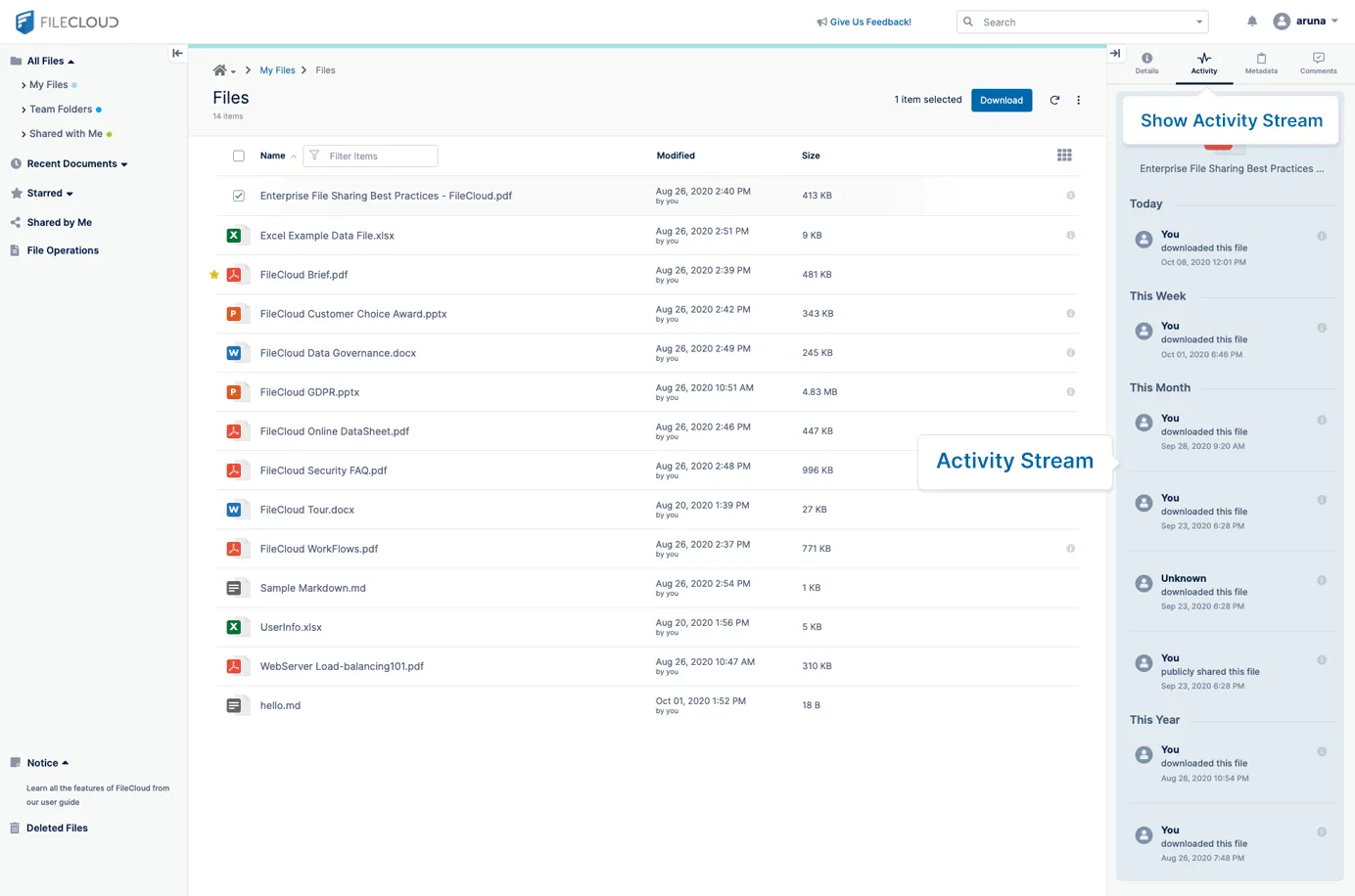 Das FileCloud-Dashboard bietet sichere Dateifreigabe für Unternehmen.