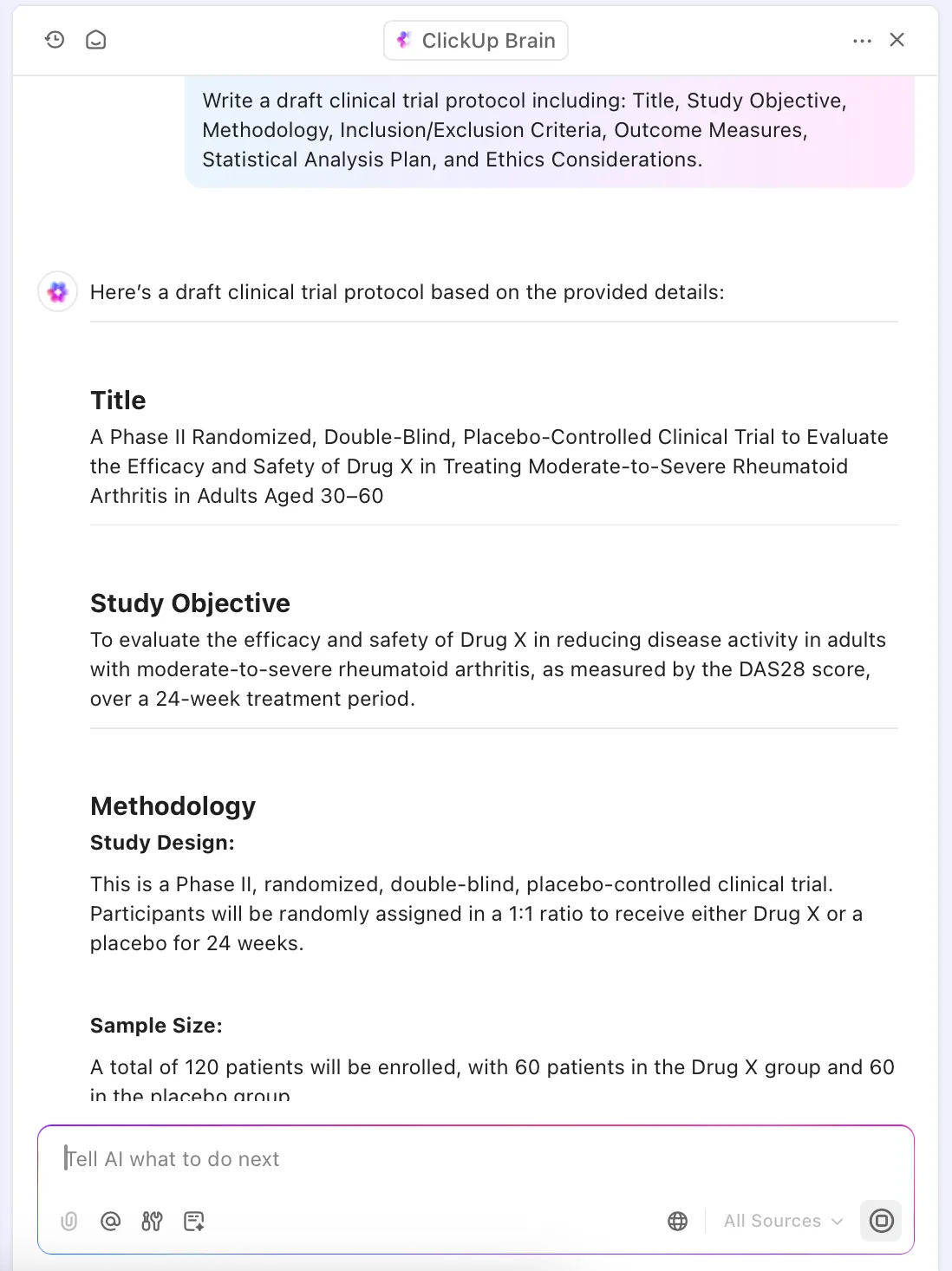 Utilizza ClickUp Brain per redigere documenti per la ricerca clinica.