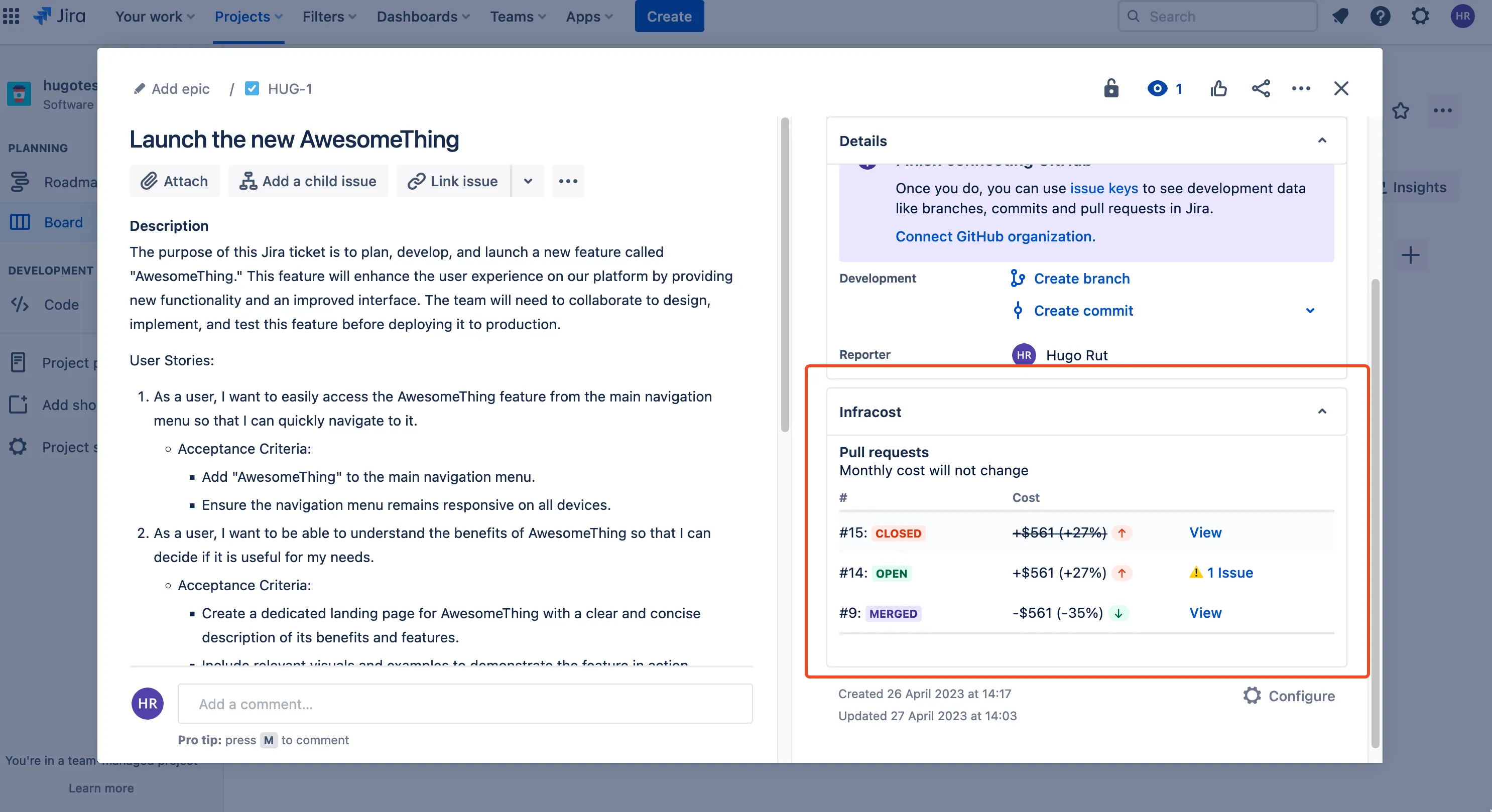 Actualice los problemas de Jira con estimaciones de costes junto con un enlace directo a su panel de control de Infracost Cloud y profundice en los costes específicos de la nube afectados por los cambios de ingeniería.