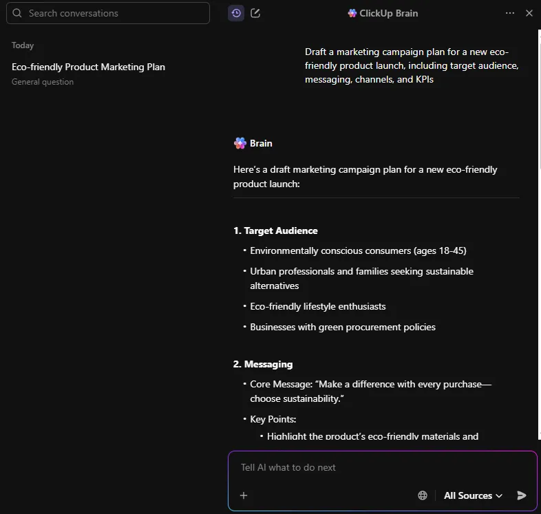 Contoh prompt lain untuk ClickUp Brain dalam menyusun kampanye pemasaran.