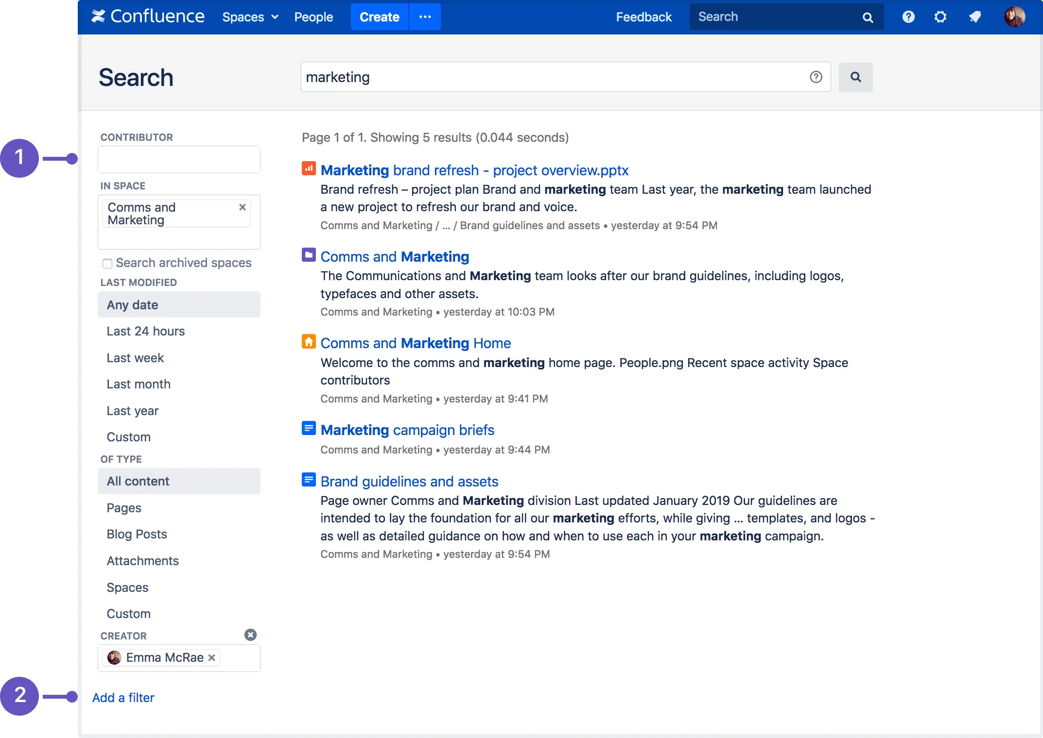 Exemple de recherche avancée dans Confluence
