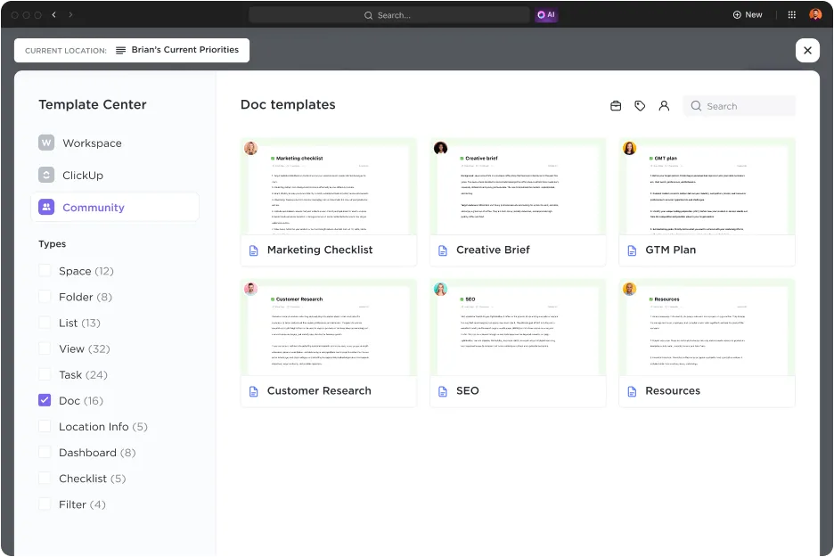 Estrategia de promoción: plantillas de documentos de ClickUp