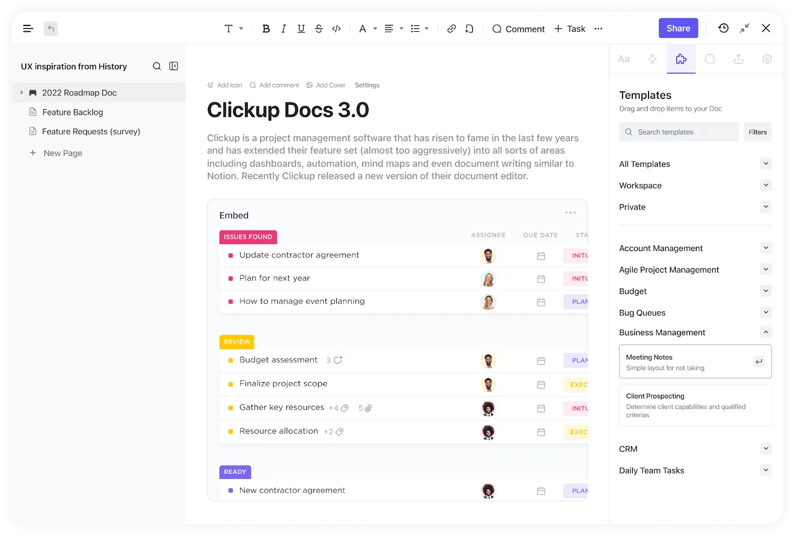Organice y realice el uso compartido seguro de sus pruebas internas y registros de auditoría con ClickUp Docs.