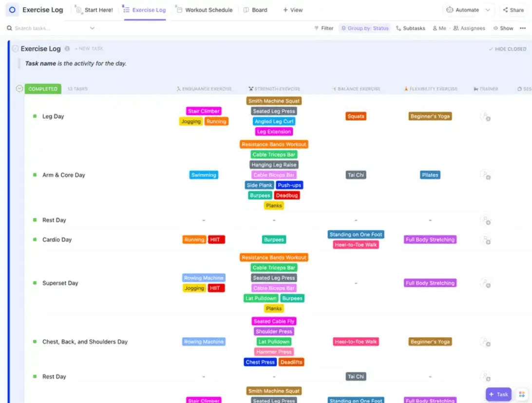 O modelo de registro de exercícios do ClickUp foi projetado para ajudá-lo a manter o controle de suas metas de condicionamento físico.