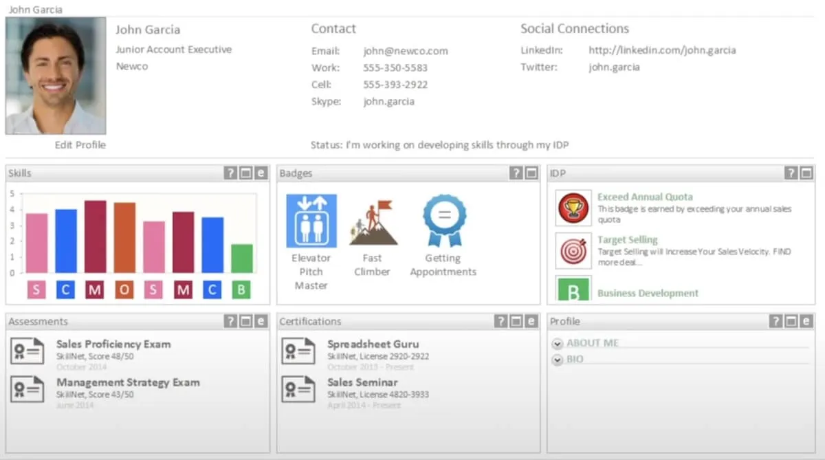 Software de gestão de competências: exemplo do painel de controlo de um funcionário no SkillNet