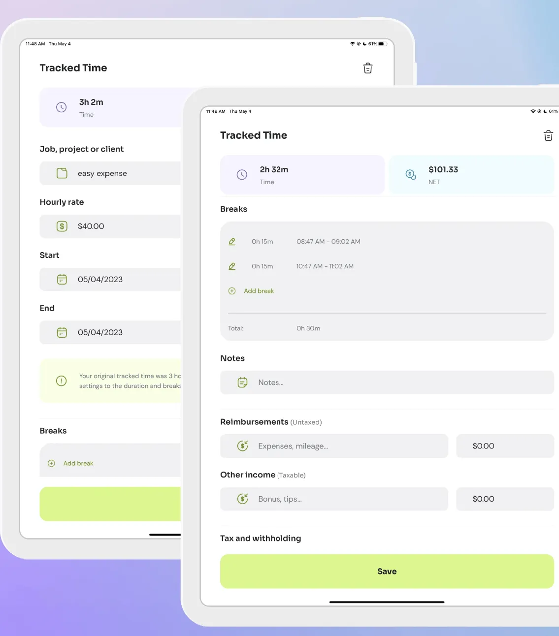 Interface do aplicativo Time Clock