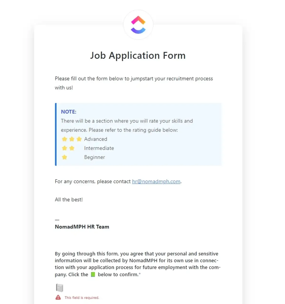 Formulario de solicitud de empleo de ClickUp