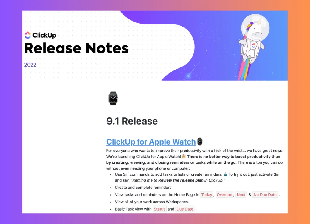 Release Notes-Vorlage von ClickUp