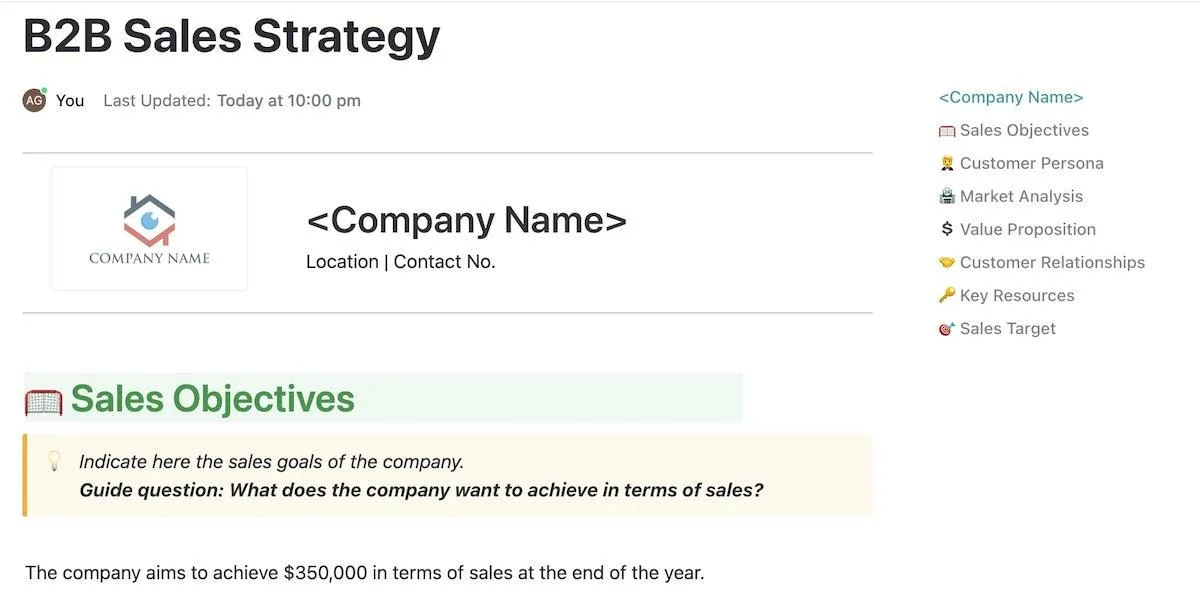 ClickUp B2B-försäljningsstrategimallen guidar dig genom processen att skapa en effektiv plan och lista över mål för ditt säljteam.