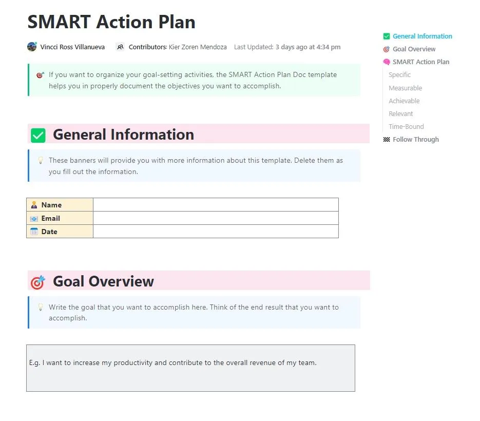 Modèles Notion esthétiques : transformez vos objectifs en actions — structurez, hiérarchisez et exécutez grâce au modèle de plan d'action SMART de ClickUp.