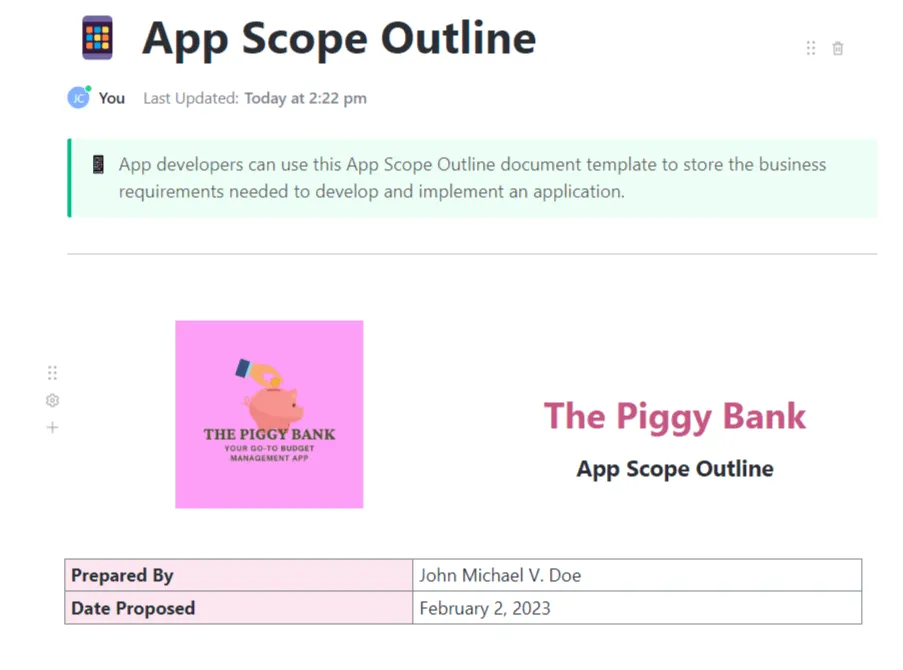 O modelo de esboço do escopo do aplicativo do ClickUp foi projetado para ajudá-lo a capturar ideias e definir o escopo de um projeto de aplicativo.